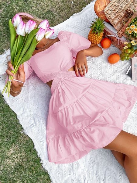 cut out shirred ruffle hem dress m4ww#, Black;gray
cut out shirred ruffle hem dress m4ww#, Black;gray