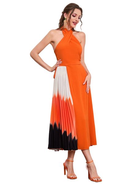 tie dye backless pleated hem halter dress y99i#, Black;gray