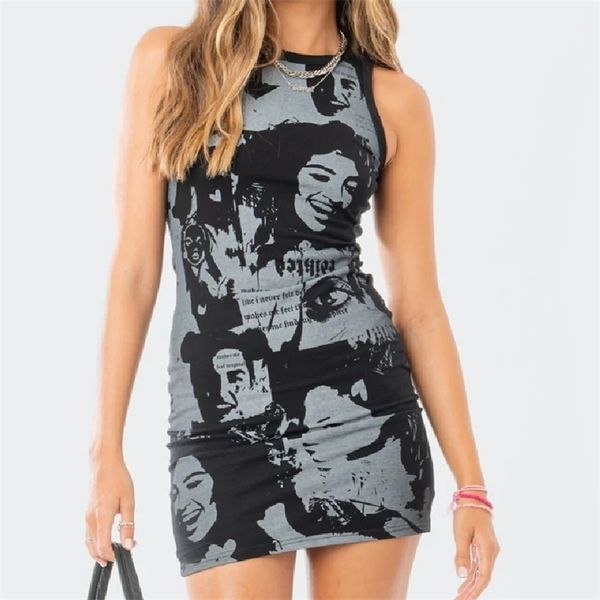 fufucaillm gothic portrait print bodycon dress women sleeveless tank dress clubwear y2k party 2000s aesthetic dresses 220620, Black;gray