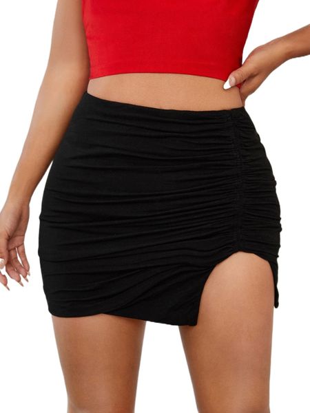 petite ruched slit hem bodycon skirt 217s#, Black