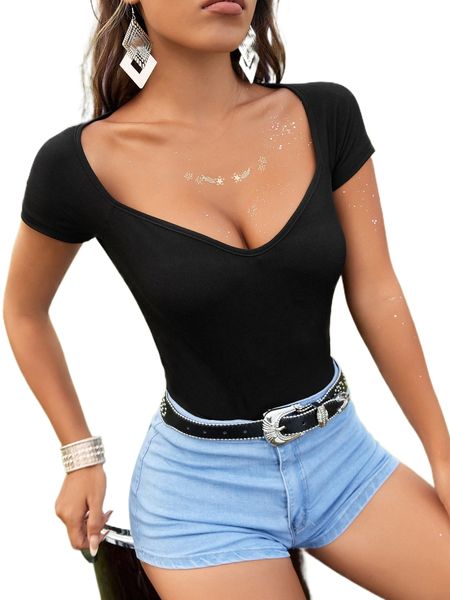 solid sweetheart neck tee p7vn#, White