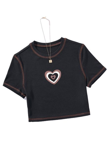 plus heart print stitching tee y30o#, Black
