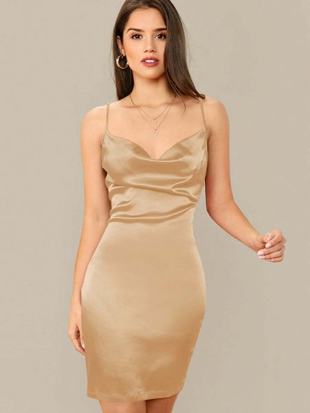cowl neck satin cami dress z3r6#, Black;gray