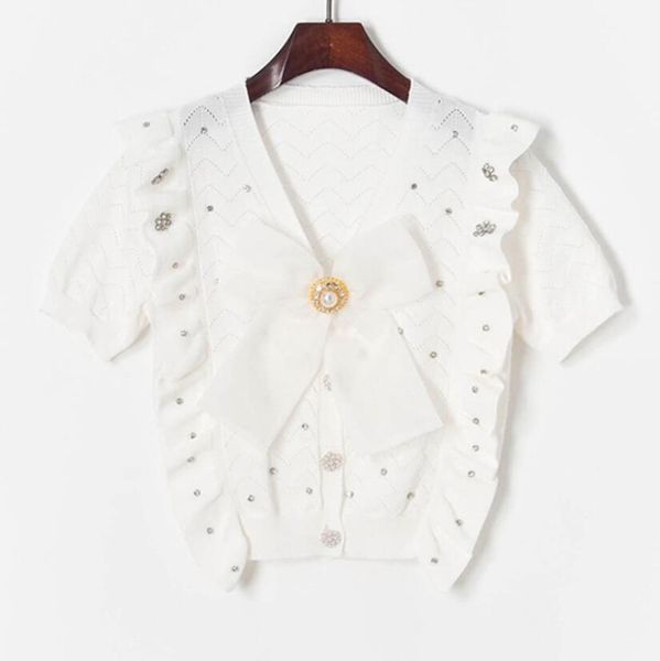 summer corrugated pick hole hollow wood ear t-shirt women fashion v collar short sleeve big beaded bow knitted t shirt female casual cardiga, White
summer corrugated pick hole hollow wood ear t-shirt women fashion v collar short sleeve big beaded bow knitted t shirt female casual cardiga, White