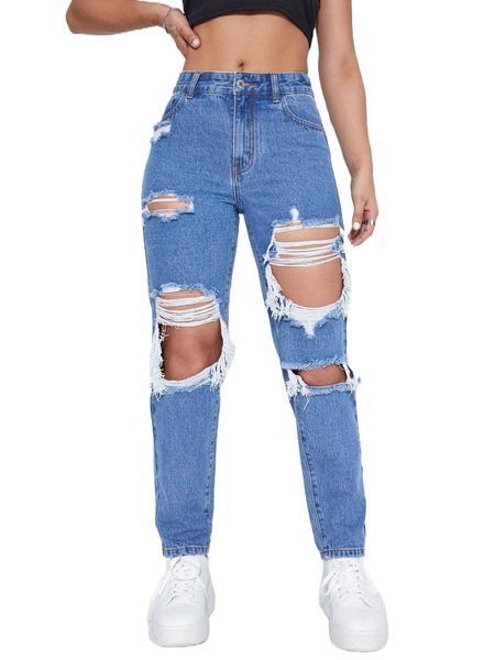 cut out ripped frayed straight leg jeans 86ty#, Blue 
cut out ripped frayed straight leg jeans 86ty#, Blue