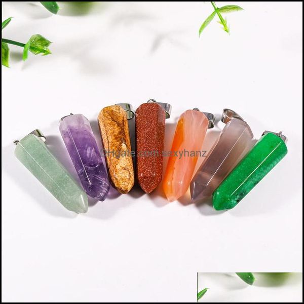 charms jewelry findings components natural stone hexagonal prism opal tigers eye quartz crystal healing chakra pendants diy necklace earri, Bronze;silver