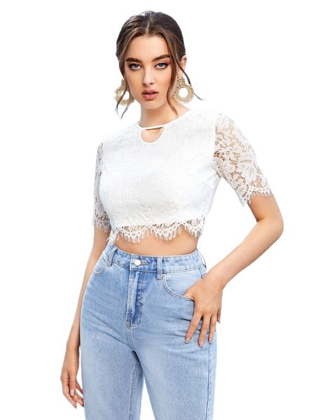 keyhole neckline guipure lace crop j7gw#, White