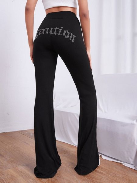 rhinestone letter graphic flare leg pants n3qk#, Black;white
