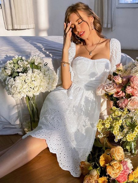 eyelet embroidery flounce sleeve scallop trim ruffle hem dress w6ka#, Black;gray 
eyelet embroidery flounce sleeve scallop trim ruffle hem dress w6ka#, Black;gray