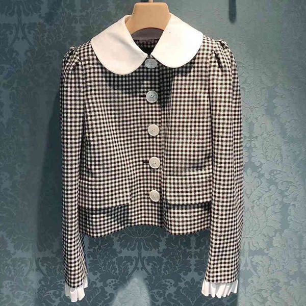 women's suits & blazers doll collar plaid suit coat thousand bird bubble sleeve temperament women, White;black
women's suits & blazers doll collar plaid suit coat thousand bird bubble sleeve temperament women, White;black