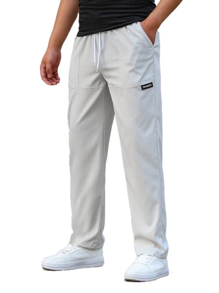 men letter patched drawstring waist straight leg pants i1xp#, Black