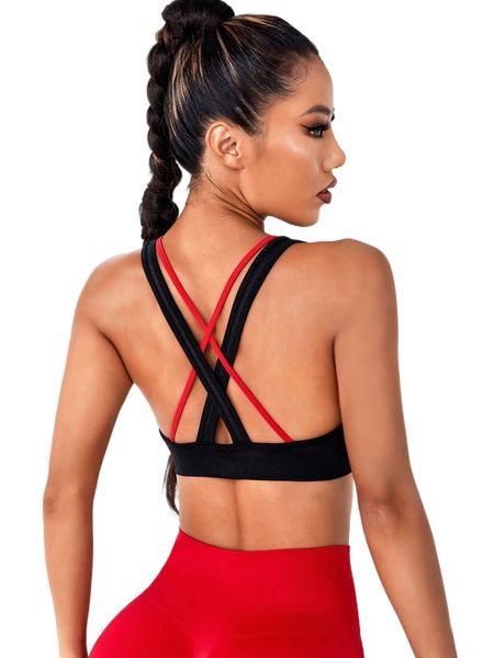 two tone criss cross backless sports bra f2wa#, Gray