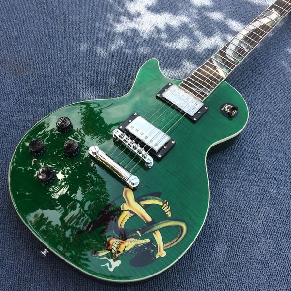 left handed rosewood fingerboard with snake inlay, green burst maple solid mahogany body electric guitar
left handed rosewood fingerboard with snake inlay, green burst maple solid mahogany body electric guitar