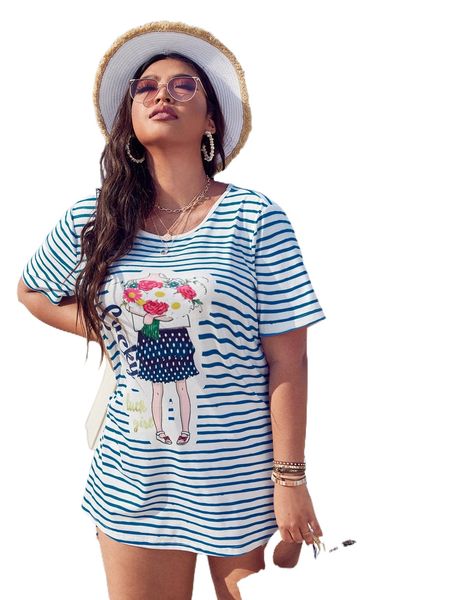 plus striped & floral print tee z5cx#, Black 
plus striped & floral print tee z5cx#, Black