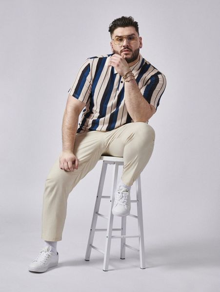 extended sizes men drop shoulder striped print polo shirt & pants t8iv#, Gray
extended sizes men drop shoulder striped print polo shirt & pants t8iv#, Gray