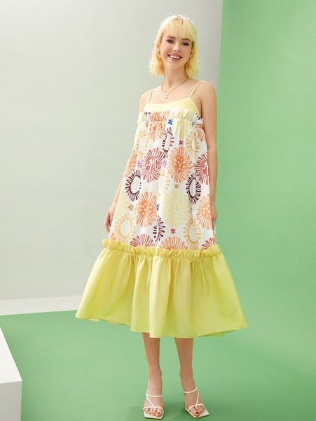 x pylog floral print ruffle hem dress 96xt#, Black;gray
