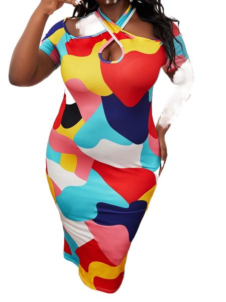 plus allover print cross wrap bodycon dress h0m0#, Black