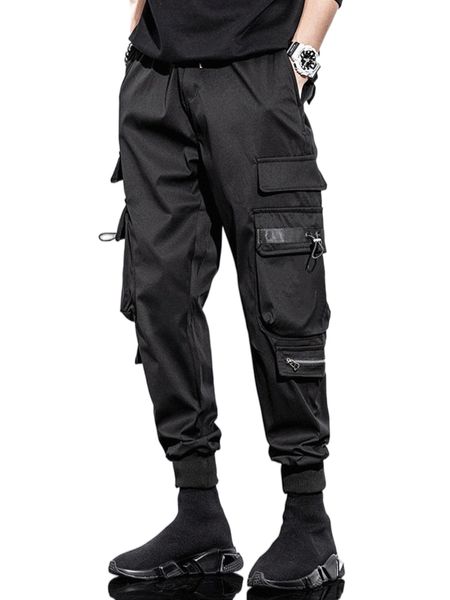 men drawstring flap pocket cargo pants v2u3#, Black