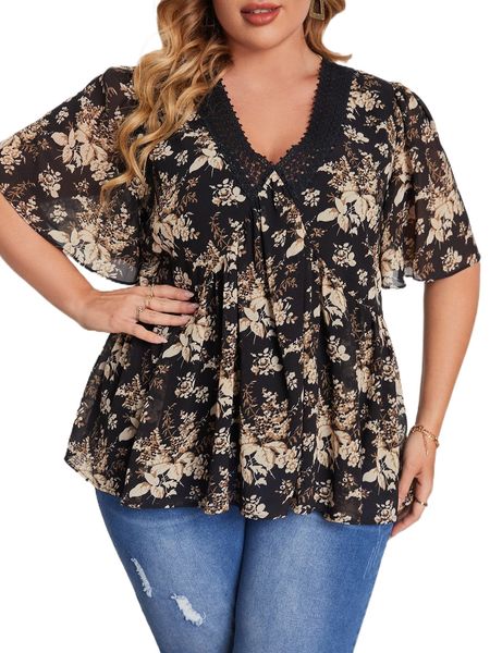 plus allover floral print contrast guipure lace blouse b5xs#, Black
plus allover floral print contrast guipure lace blouse b5xs#, Black