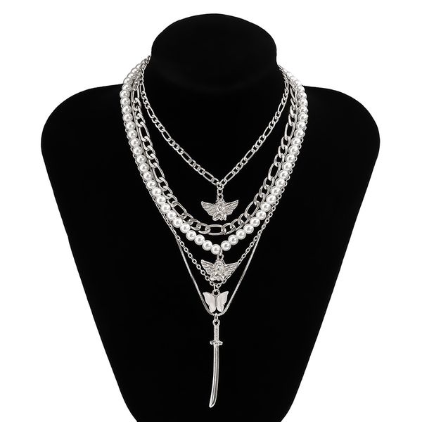 french light luxury 5 piece set of imitation pearl chain pendant angel butterfly sword multilayer necklace punk jewelry party gift wholesale, Silver
french light luxury 5 piece set of imitation pearl chain pendant angel butterfly sword multilayer necklace punk jewelry party gift wholesale, Silver