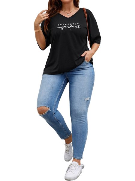 plus letter graphic batwing sleeve tee 29zb#, Black