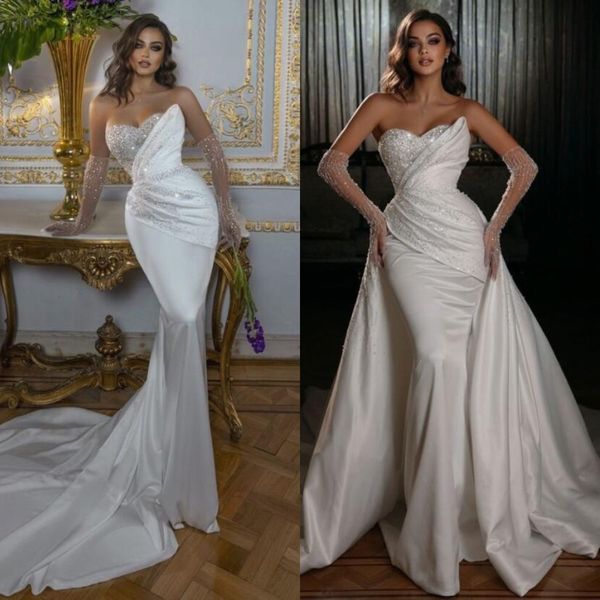 glitter beading satin mermaid wedding dresses with detachable train bridal gowns custom made vestido de novia, White
glitter beading satin mermaid wedding dresses with detachable train bridal gowns custom made vestido de novia, White