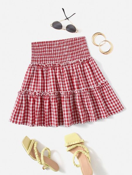 shirred waist buffalo plaid skirt z8fu#, Black