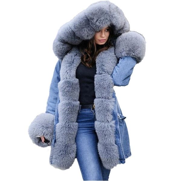 women winter denim parka coat overcoat long sleeve faux fur coat jacket with hooded warm cotton coat female furs jacket outwear t200915, Black
women winter denim parka coat overcoat long sleeve faux fur coat jacket with hooded warm cotton coat female furs jacket outwear t200915, Black