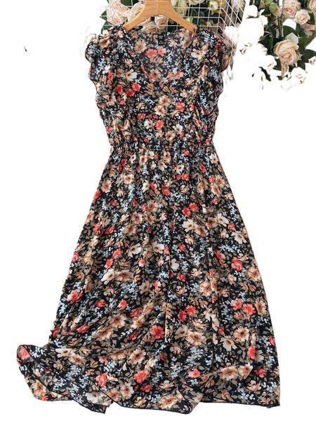 plus allover floral a-line dress d04e#, Black