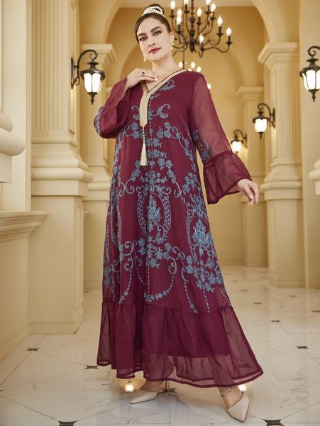 plus random floral embroidery single tassel flounce sleeve ruffle hem dress g5va#, Black
plus random floral embroidery single tassel flounce sleeve ruffle hem dress g5va#, Black