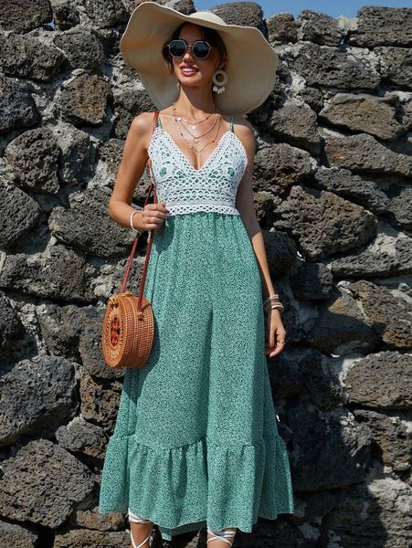 contrast guipure lace ditsy floral print tied backless dress 70c6#, Black;gray