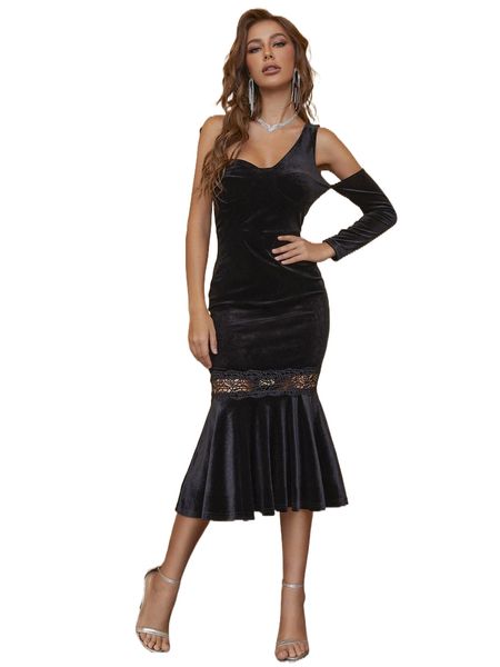 one shoulder cut out guipure lace insert mermaid hem velvet prom dress 37fs#, Black;gray
one shoulder cut out guipure lace insert mermaid hem velvet prom dress 37fs#, Black;gray