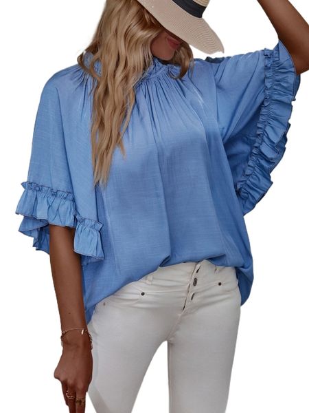 solid ruffle trim blouse 94kn#, White 
solid ruffle trim blouse 94kn#, White