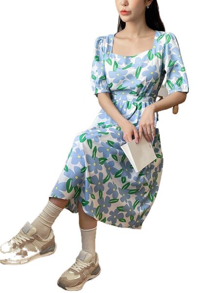 dazy floral print puff sleeve belted dress v9wb#, Black;gray 
dazy floral print puff sleeve belted dress v9wb#, Black;gray