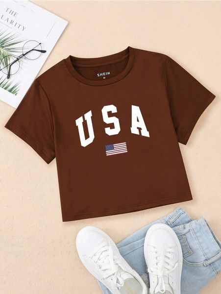 letter & flag print crop tee w70h#, White