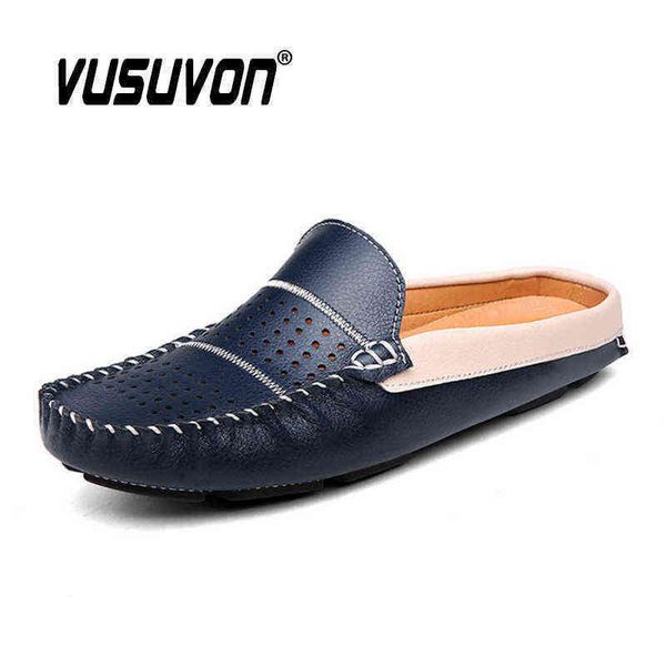men slippers leather breathable holes casual shoes flats summer classic blue half slides handmade moccasins man 220216, Black
men slippers leather breathable holes casual shoes flats summer classic blue half slides handmade moccasins man 220216, Black