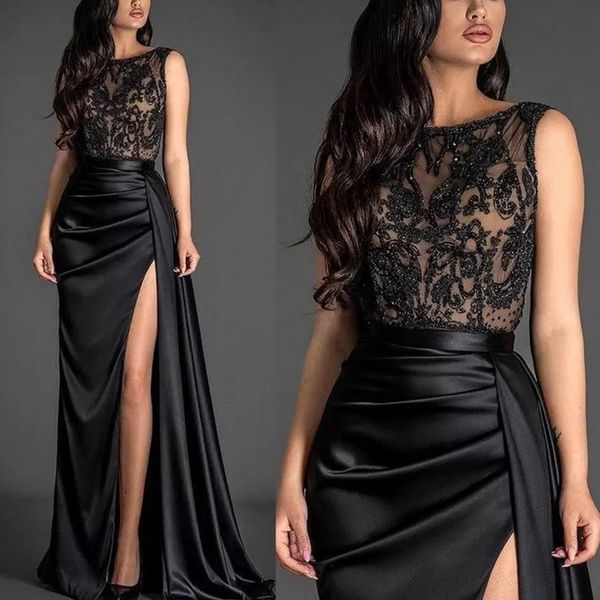 black lace beaded evening dresses high split sheer neck prom dress sweep train satin formal party second reception gowns, Black;red
black lace beaded evening dresses high split sheer neck prom dress sweep train satin formal party second reception gowns, Black;red