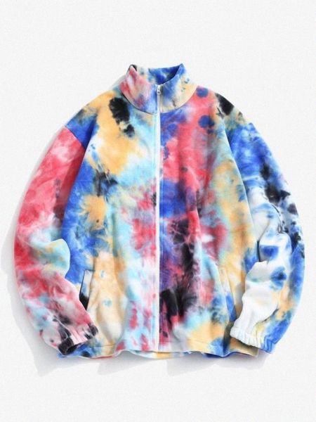 tie dye pattern zip up fleece jacket t7yr#, Black;brown