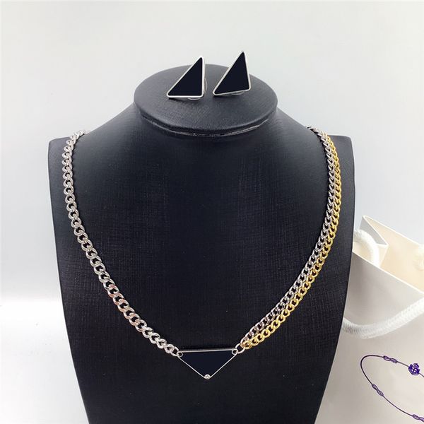 double colors chains necklaces designer triangle bracelets letter inverted triangles earrings ladies hip hop jewelry sets with box, Black
double colors chains necklaces designer triangle bracelets letter inverted triangles earrings ladies hip hop jewelry sets with box, Black