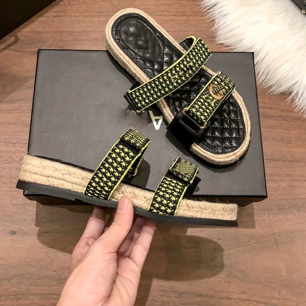 women black straw sandals designer velcro print slippers beach flats outdoor shoe