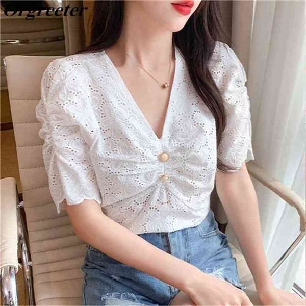 white cotton v-neck women short blouse summer flower embroidery sleeve pearl button fashion elegant solid shirt 210602
white cotton v-neck women short blouse summer flower embroidery sleeve pearl button fashion elegant solid shirt 210602