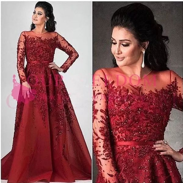 dark red sheer jewel neck long sleeve prom dresses beaded crystal a line sweep train formal evening occasion dresses custom made, Black
dark red sheer jewel neck long sleeve prom dresses beaded crystal a line sweep train formal evening occasion dresses custom made, Black