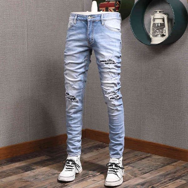 men's jeans high street fashion jeans style hole patch elastic slim fit youth foot trend men's pants r2gk, Blue
men's jeans high street fashion jeans style hole patch elastic slim fit youth foot trend men's pants r2gk, Blue