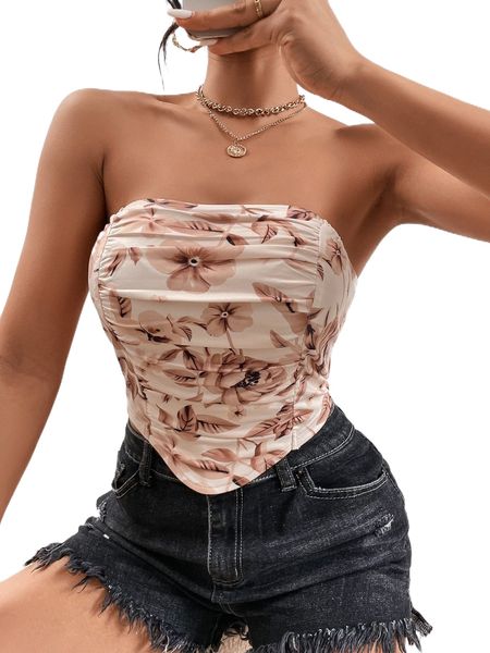 floral print ruched tube p3io#, White