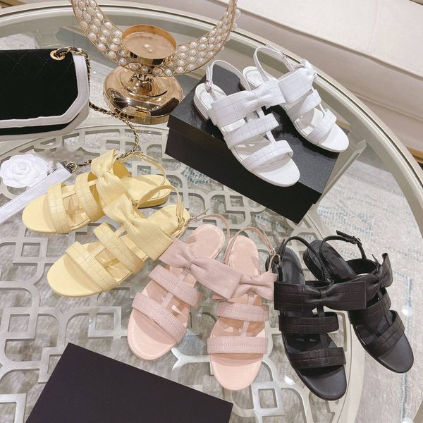 casual sandals women's leather 2022 new summer bow open toe flat beach sandals, Black