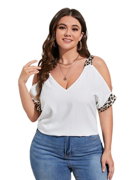 plus leopard print cold shoulder dolman sleeve blouse y37r#, Black