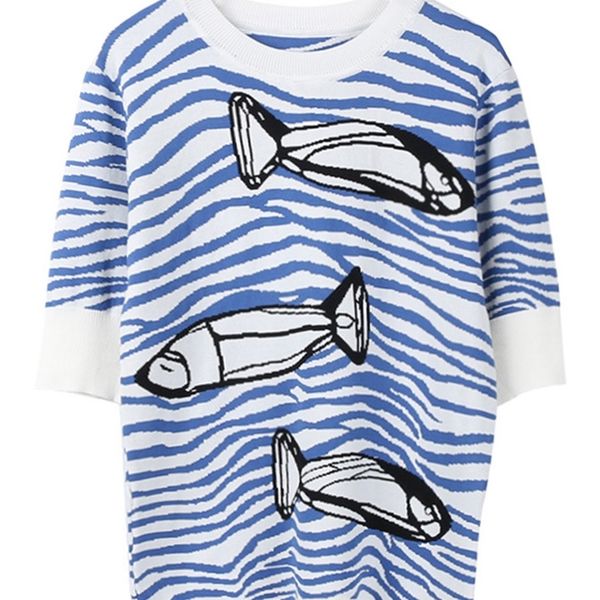 women knitted animal jacquard fish wave striped spring tees runway design jumper half sleeve pullovers b-063 220511, White
women knitted animal jacquard fish wave striped spring tees runway design jumper half sleeve pullovers b-063 220511, White