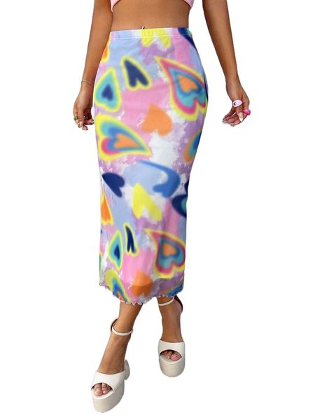 tie dye heart print lettuce trim mesh skirt u00m#, Black 
tie dye heart print lettuce trim mesh skirt u00m#, Black