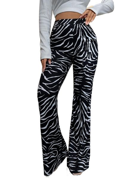zebra striped flare leg pants x1ku#, Black;white