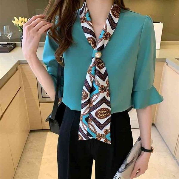 women short sleeve korean style blouse female chiffon printing tie design casual solid colours ladies shirts women clothing 210507, White
women short sleeve korean style blouse female chiffon printing tie design casual solid colours ladies shirts women clothing 210507, White